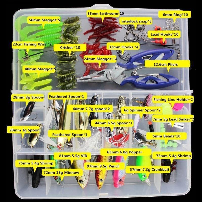 101Pcs Minnow/Popper Spinner Spoon Metal Vib Lure Hooks Box Lure Kit Set