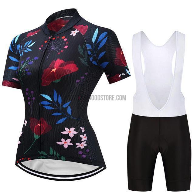 Women's Black Flowers Cycling Jersey Kit-cycling jersey-Outdoor Good Store