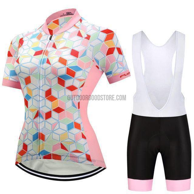 Women's White Pink Geometric Pattern Cycling Jersey Kit-cycling jersey-Outdoor Good Store