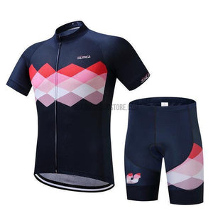 Navy Blue Diamond Red Pink Mosaic Pattern Retro Cycling Jersey Kit Set-cycling jersey-Outdoor Good Store